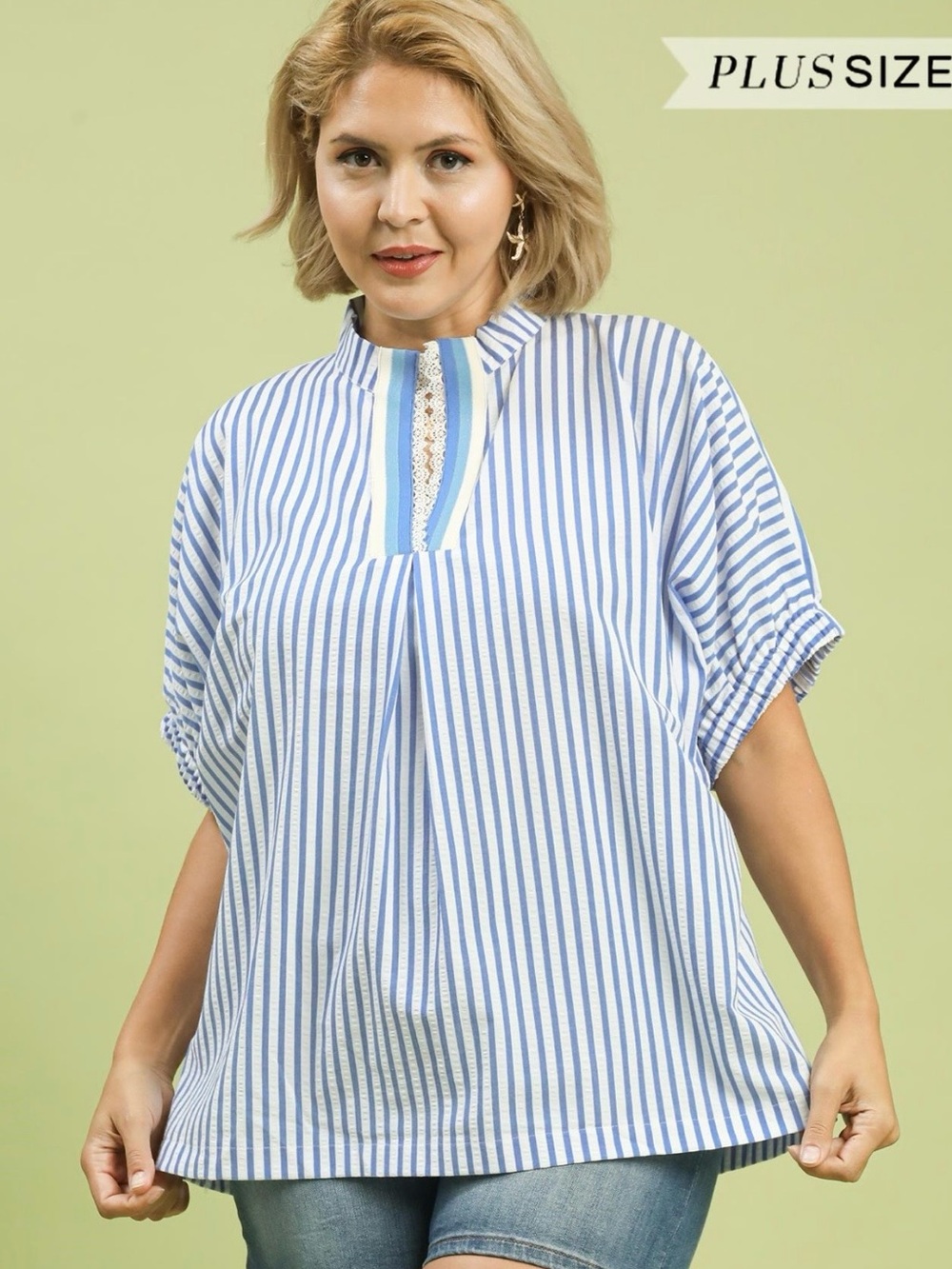 New! Umgee Plus Size Cotton Stripe Lace Trim Pleated V-Neck Top Size 2X